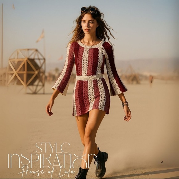 VINTAGE striped crochet mini sweater dress long sleeve - Picture 3 of 7